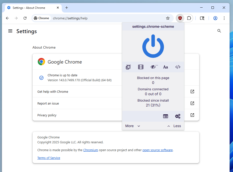 uBlock Origin in Chrome 143
