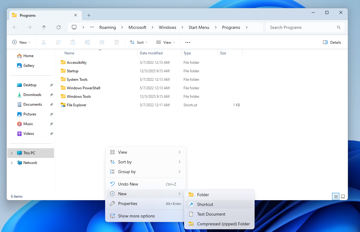 Creating a shortcut in Windows