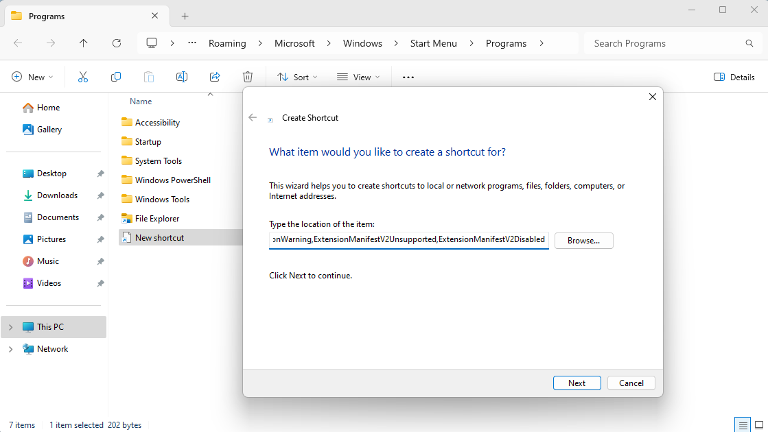 Creating a shortcut in Windows