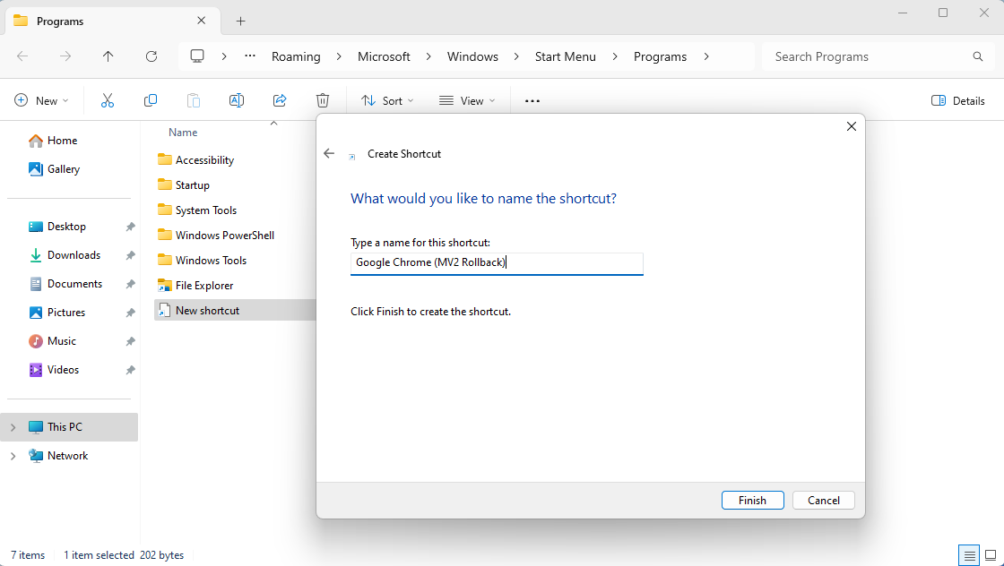 Creating a shortcut in Windows