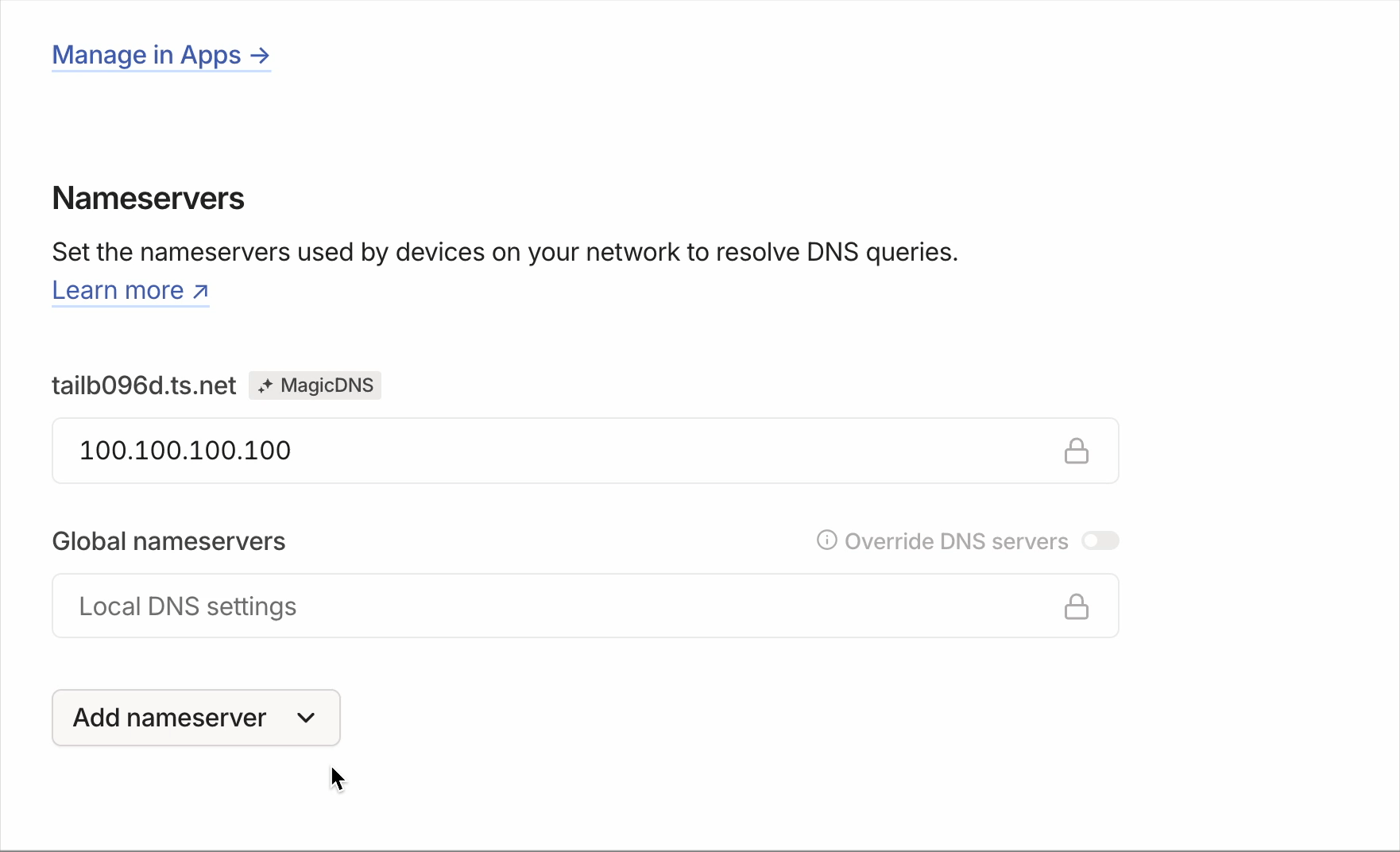 Screenshot of the Tailscale DNS page.