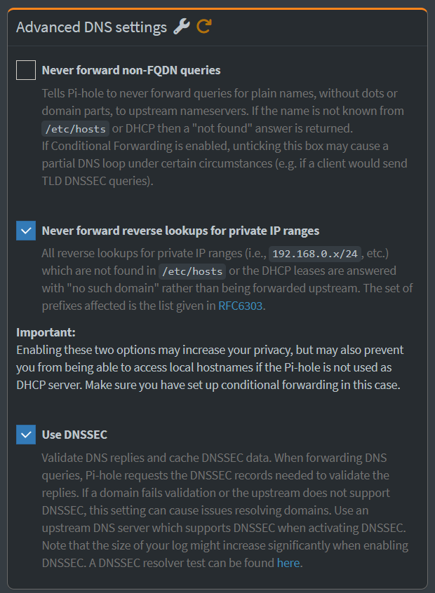 Screenshot of the Pi-hole advanced DNS settings.