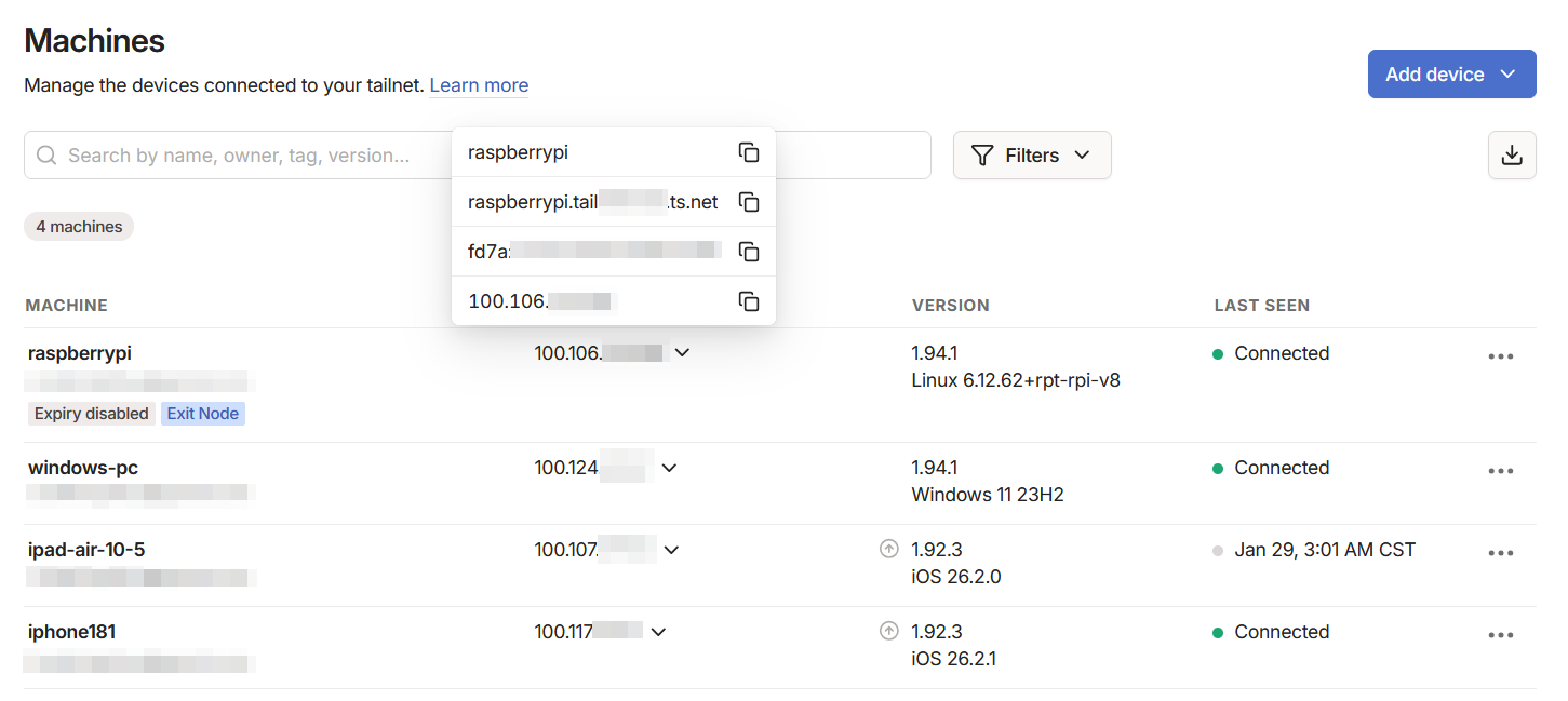 Screenshot of the Tailscale machines page.